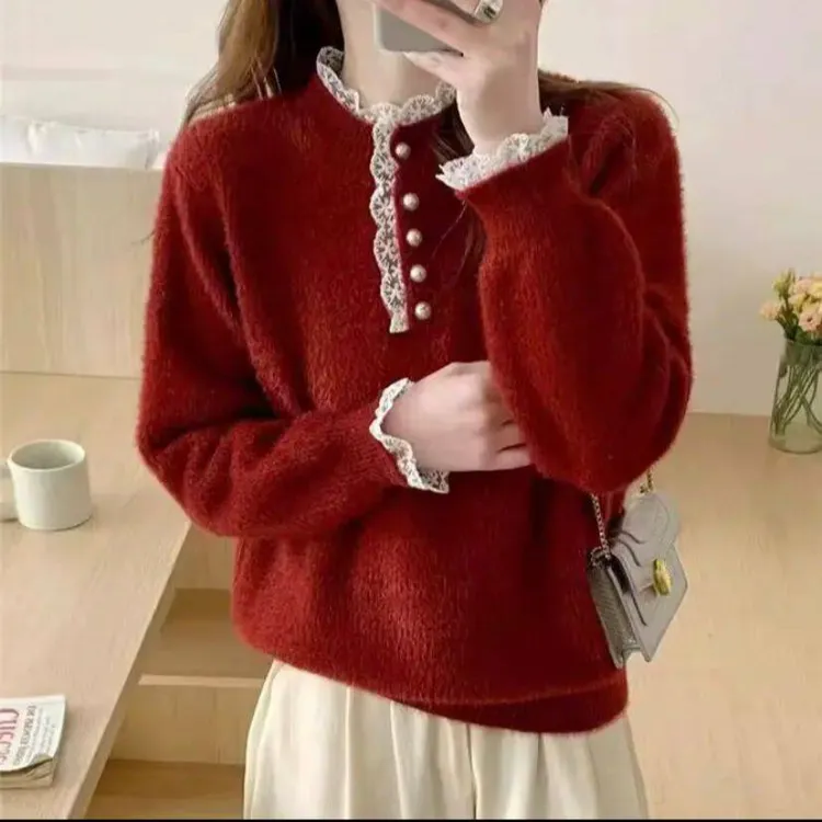 高品质时尚蕾丝花边钉珠针织衫毛衣打底加厚套头长袖上衣显瘦保暖