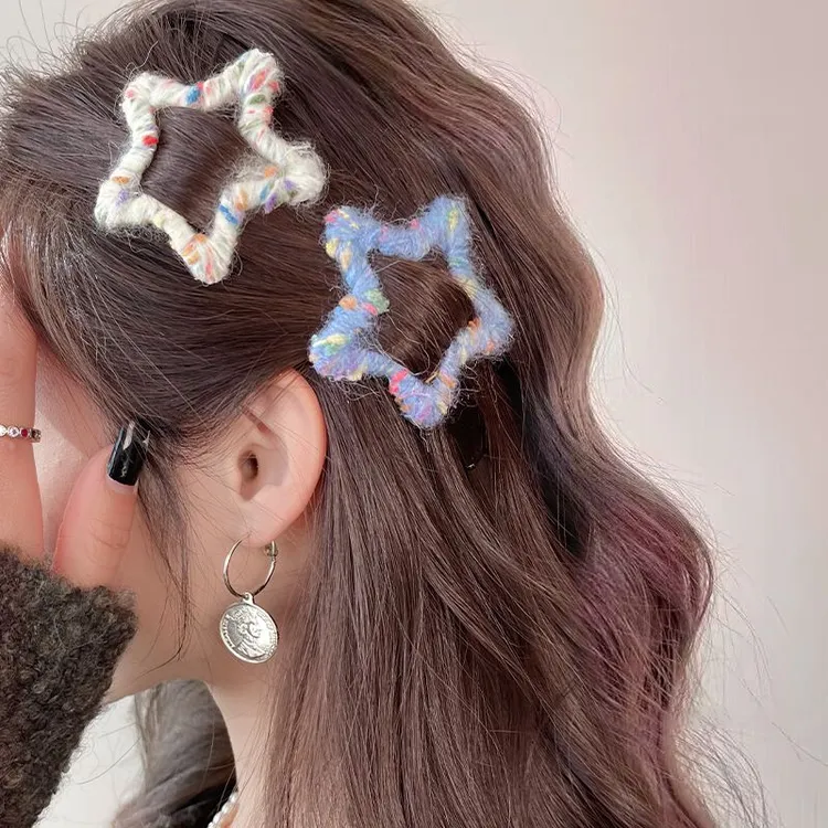 彩色波点毛线发夹五角星星侧边夹女秋冬后脑勺高马尾毛绒刘海夹