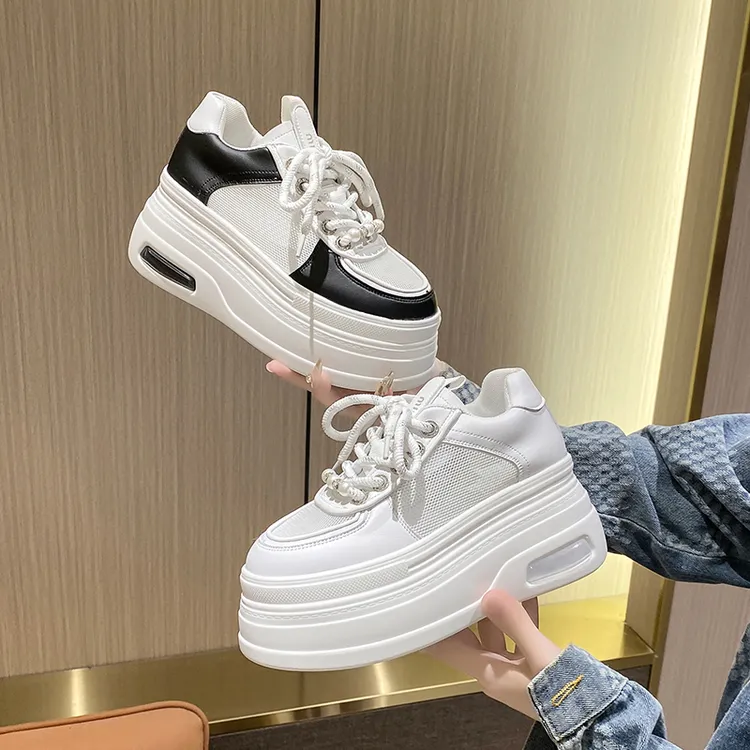 2025夏季新款8cm厚底增高网面小白鞋女百搭透气单鞋休闲松糕板鞋