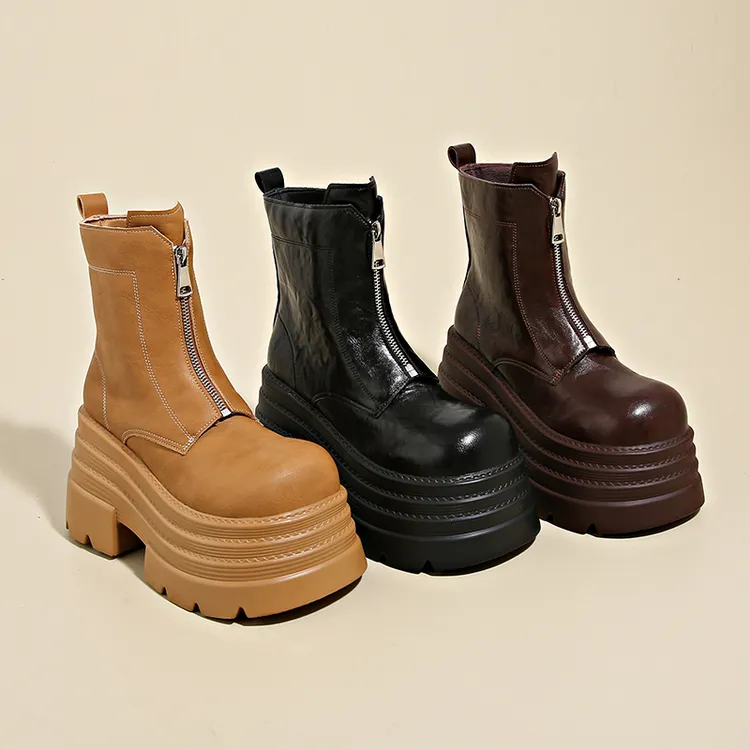 前拉链超厚底靴子瘦瘦短靴女2025秋冬新款加绒高级感小个子马丁靴