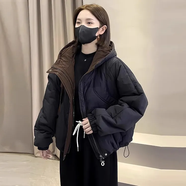 欧货连帽拼接撞色棉衣女2025秋冬季新款加厚保暖羽绒棉服夹棉外套