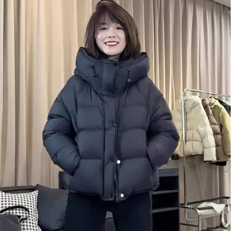 欧货连帽龟背羽绒服女2025冬季新款时尚宽松洋气加厚白鸭绒面包服