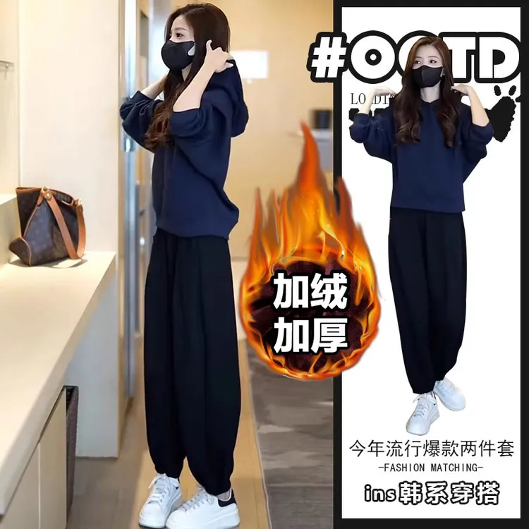 2025秋冬新款加绒加厚时尚套装女网红炸街小个子连帽卫衣两件套