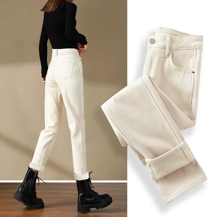 米白色直筒裤秋冬季加绒弹力加厚窄版牛仔裤女高腰宽松外穿烟管裤