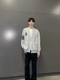 韩版秋冬休闲宽松加绒保暖三条纹开衫外套男女同款