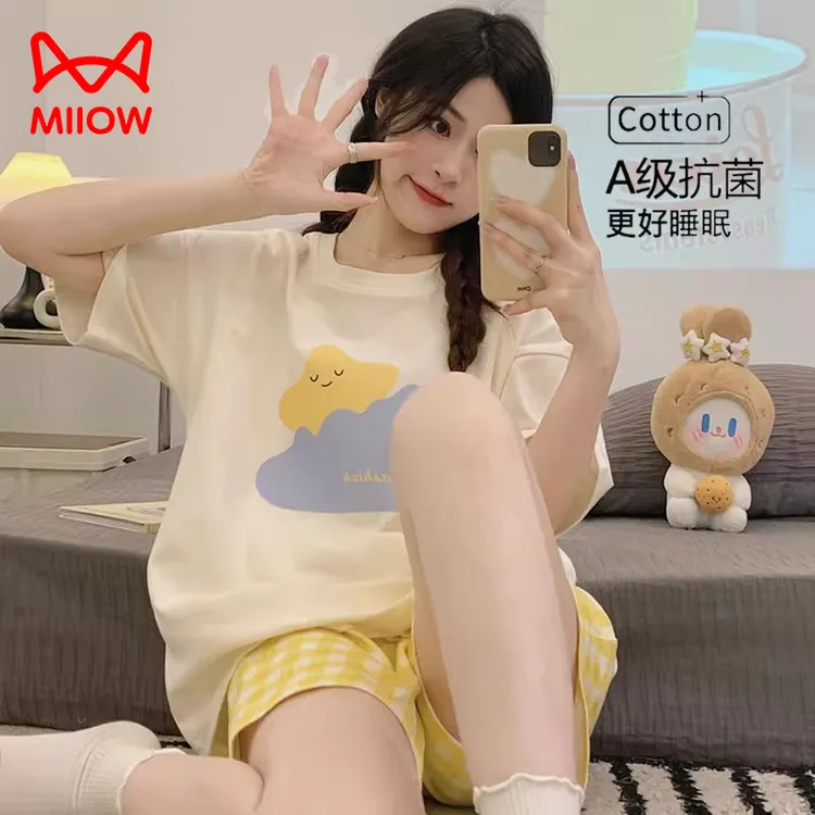 猫人睡衣女款2025新款夏季短袖短裤朝气加大码纯棉女士家居服套装