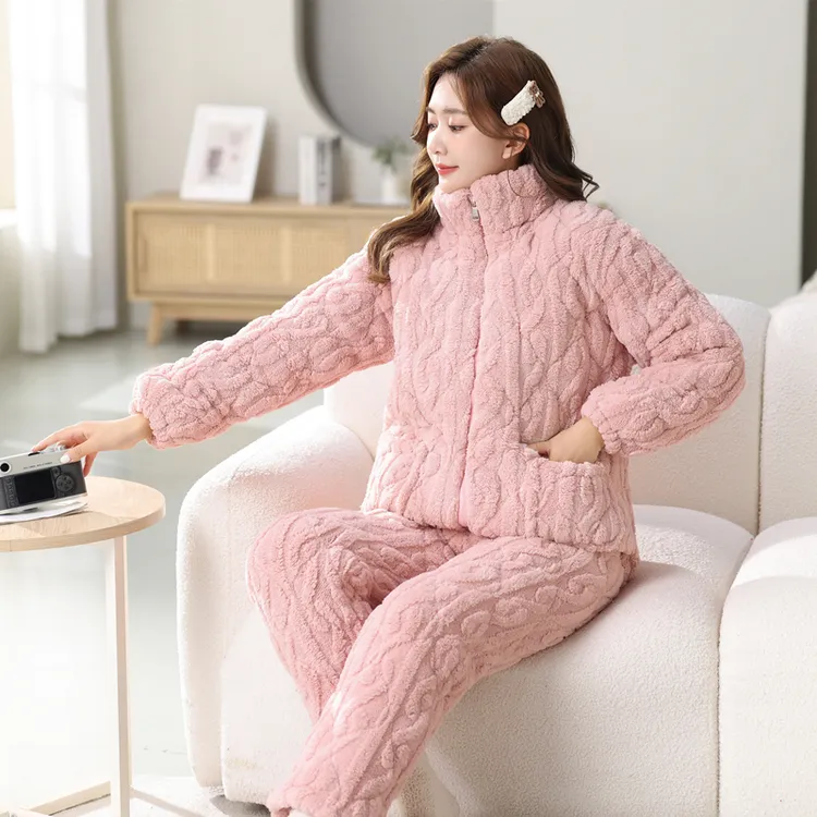 冬季拉链高领睡衣女加绒加厚三层夹棉休闲保暖居家法兰绒家居服