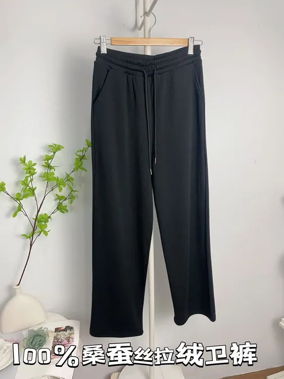 秋冬女100%桑蚕丝加厚加绒休闲直筒裤运动裤真丝带口袋长裤女卫裤