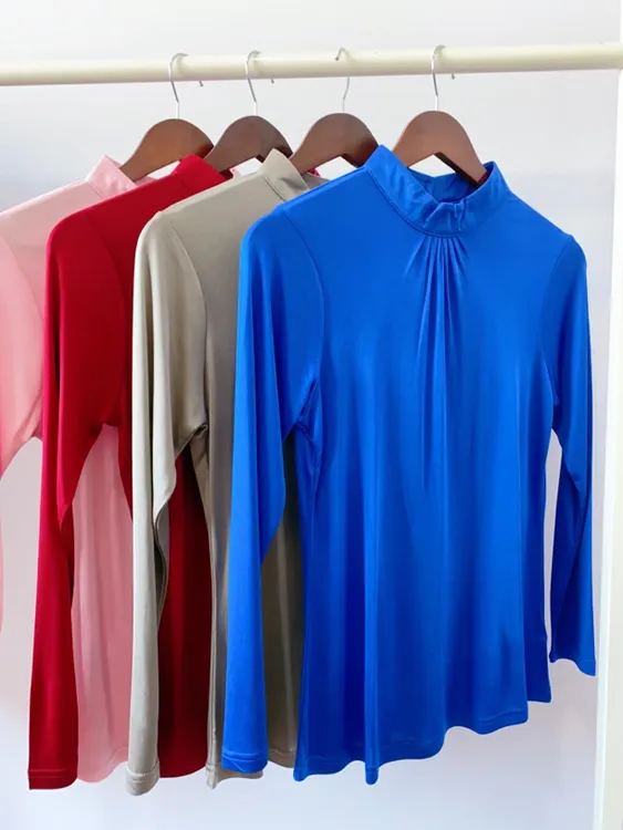 重磅真丝长袖衫亲肤桑蚕丝纯色女t恤 百搭透气简约半高领保暖上衣