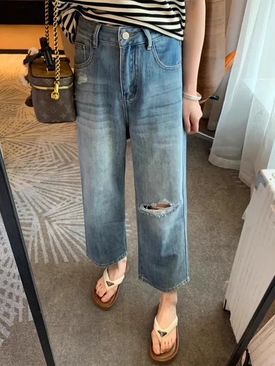 秋季薄款老爹修身高腰宽松破洞九分裤大码女装百搭复古阔腿牛仔裤