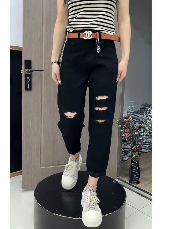 梨形身材秋季新款薄款微胖穿搭大码破洞牛仔裤子女破洞哈伦老爹裤