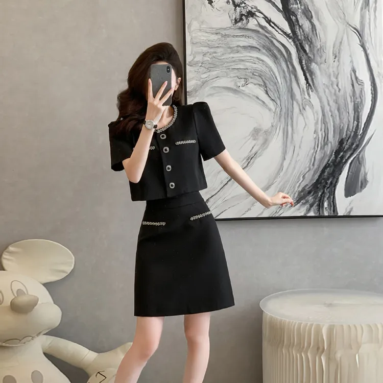 小香风短外套半身裙套装女夏季高级感通勤减龄烫钻名媛气质两件套