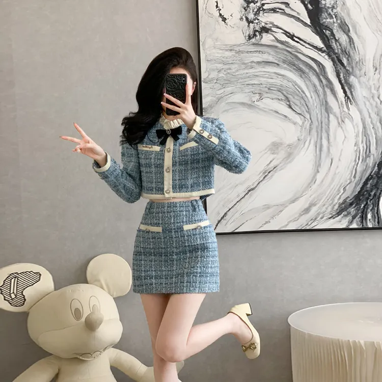 高级感套装裙女秋冬新款小香风蝴蝶结木耳边立领粗花呢外套两件套