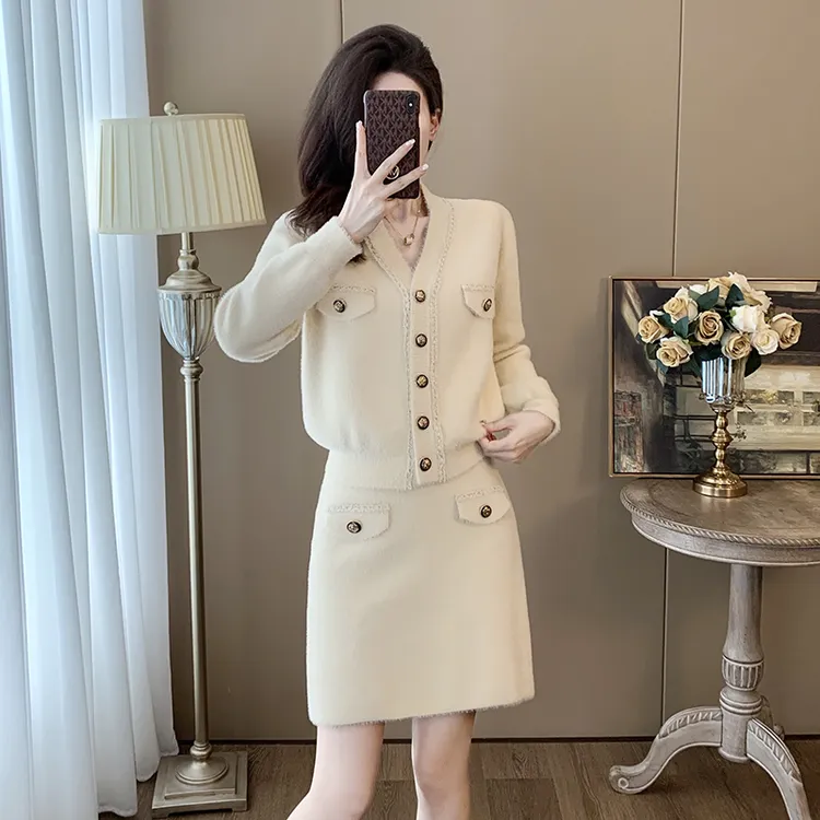法式小香风针织套装裙女名媛气质秋冬季时尚修身上衣半身裙两件套
