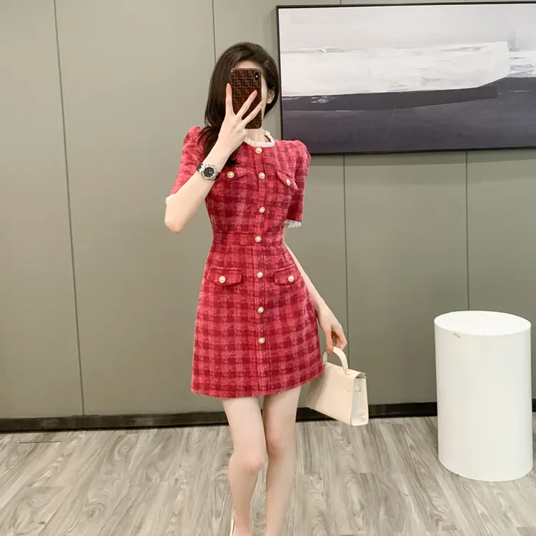 富家千金小香风茶歇法式收腰连衣裙女夏季短袖复古桔梗裙子小个子