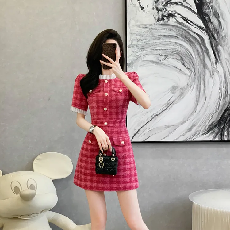 小香风茶歇法式收腰短袖连衣裙女夏季高级感复古桔梗短裙子小个子