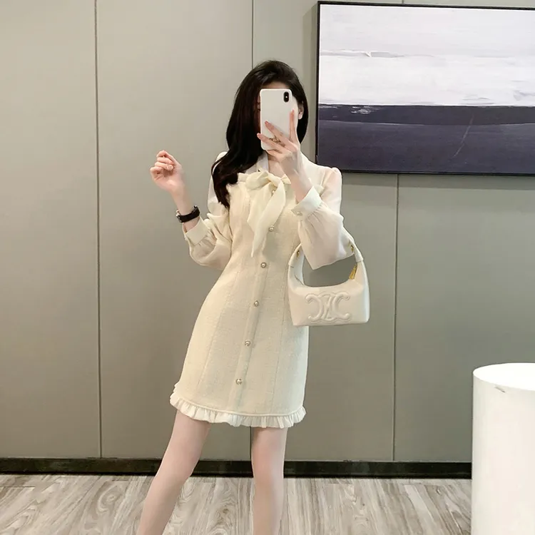 高级感裙子秋季秋装新款气质粗花呢蝴蝶结白色名媛风小香风连衣裙