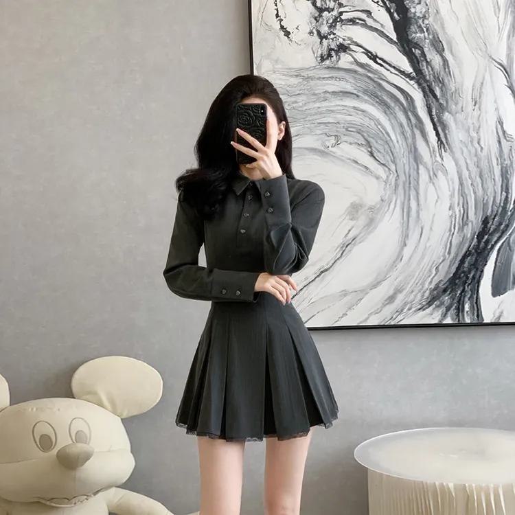 法式学院风辣妹长袖衬衫裙女秋季收腰显瘦连衣裙a字裙女裙子短裙