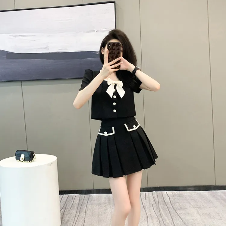 黑色小香风蝴蝶结短外套夏季新款高腰显瘦半身裙女气质高级感套装