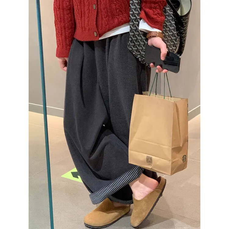 深灰色毛呢休闲裤女秋冬加绒胖妹妹mm梨形身材高腰宽松显瘦阔腿裤