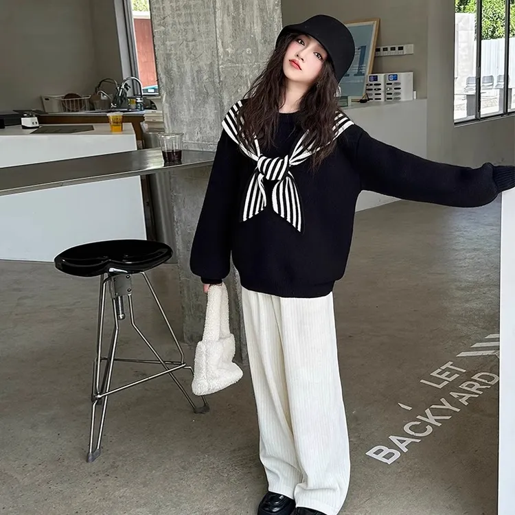 女童毛衣秋冬装外穿内搭2024新款儿童假两件披肩针织衫黑色上衣潮