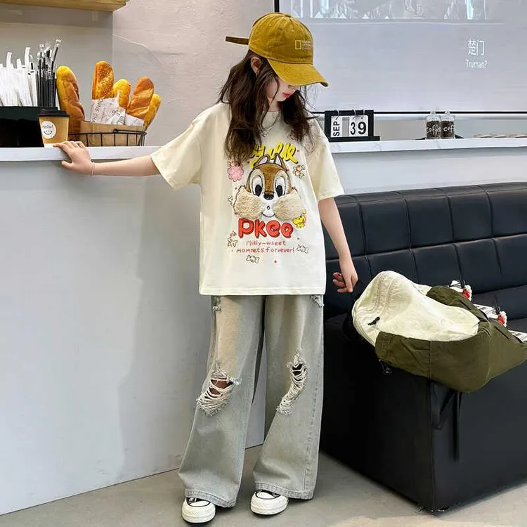 女童夏装2025新款女大童儿童6-12岁15岁短袖T恤阔腿裤牛仔裤夏季t