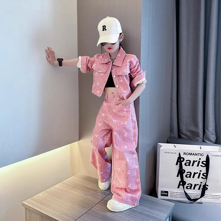 女童春秋牛仔套装2025新款洋气大童韩版秋装儿童休闲阔腿裤两件套