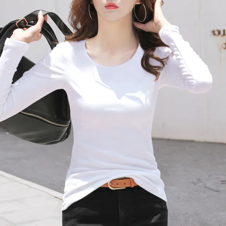 2025年新款春秋棉质白色长袖t恤女修身洋气圆领打底衫内搭上衣服