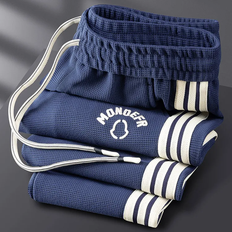 秋冬高端厚款华夫格运动裤男小直筒修身欧货刺绣休闲卫裤男士长裤