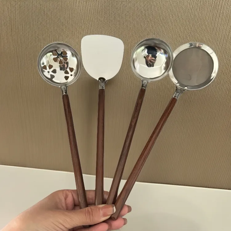 家用厨房胡桃木砂光304钢迷你小锅铲小汤勺小漏勺撇沫勺防烫防滑