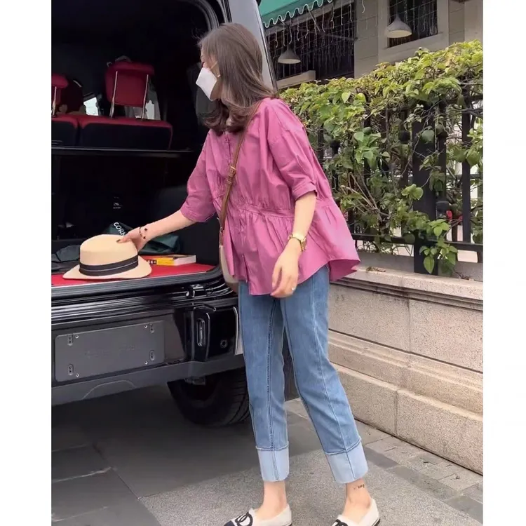 大码女装夏季套装女2025显瘦遮肉减龄不规则收腰衬衫牛仔裤两件套