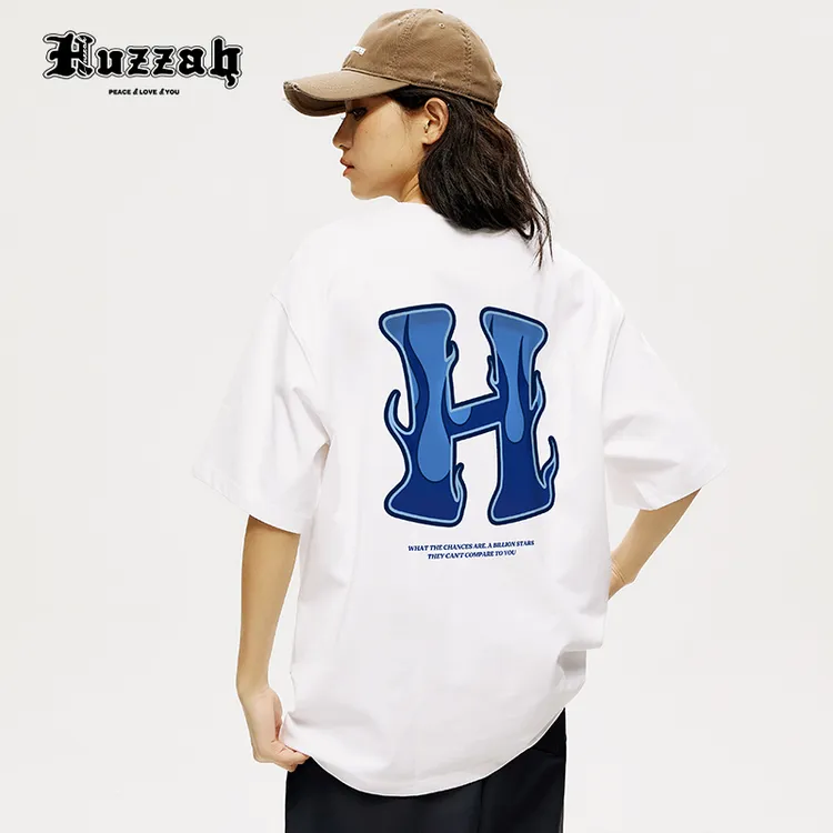 HUZZAH复古卡通字母国潮美式短袖夏季oversize宽松重磅T恤男女