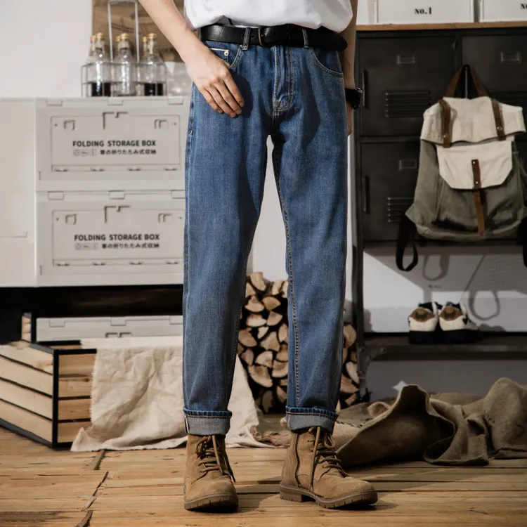 秋季新款美式复古浅蓝色赤耳丹宁休闲直筒宽松牛仔长裤男款潮流