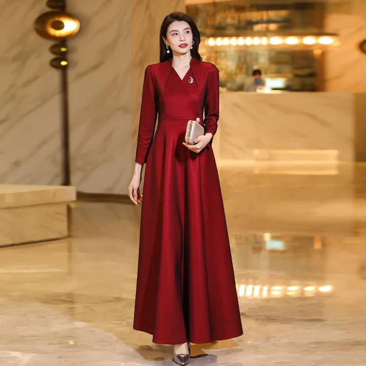 女春秋新款显瘦长款轻奢裙子大摆酒红喜婆婆喜妈妈婚宴装长裙007