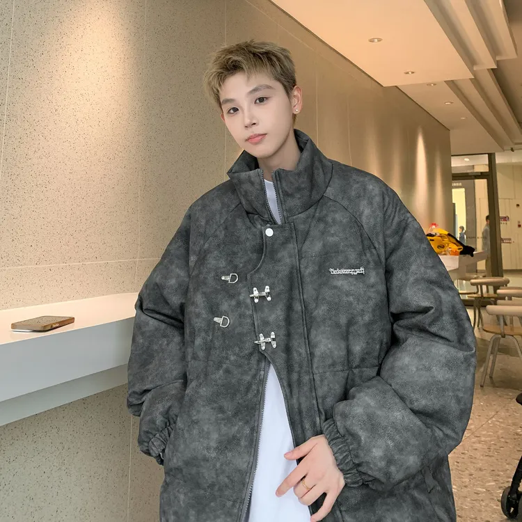 pu皮棉服男冬季金属飞机扣美式外套加厚保暖宽松面包服痞帅棉袄