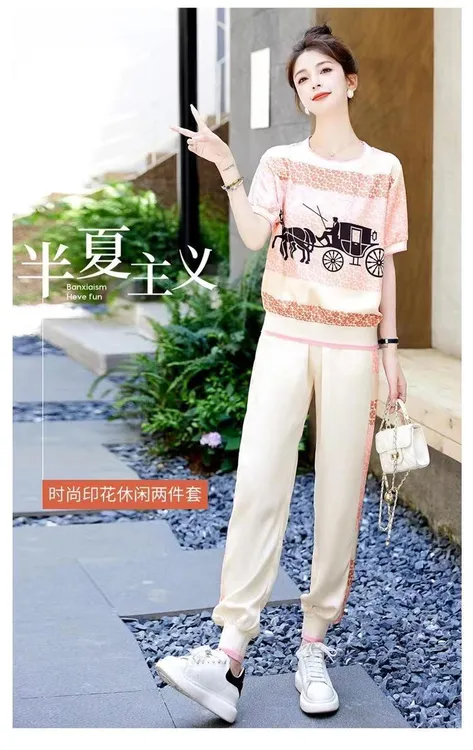 花套装上衣显瘦时尚休闲夏季宽松螺纹打底短袖短袖薄款印花拼色