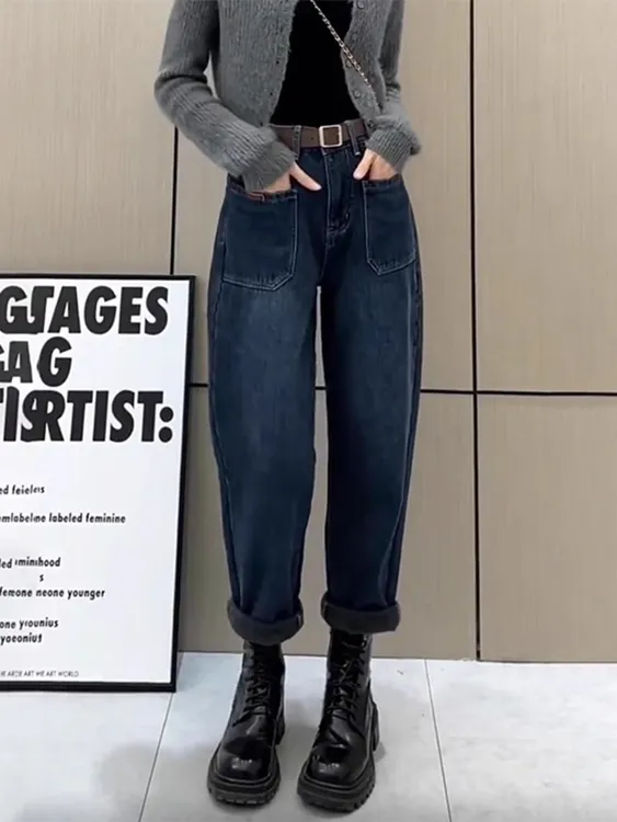 大码女装高腰梨形身材哈伦牛仔裤春季新款胖mm宽松显瘦直筒老爹裤