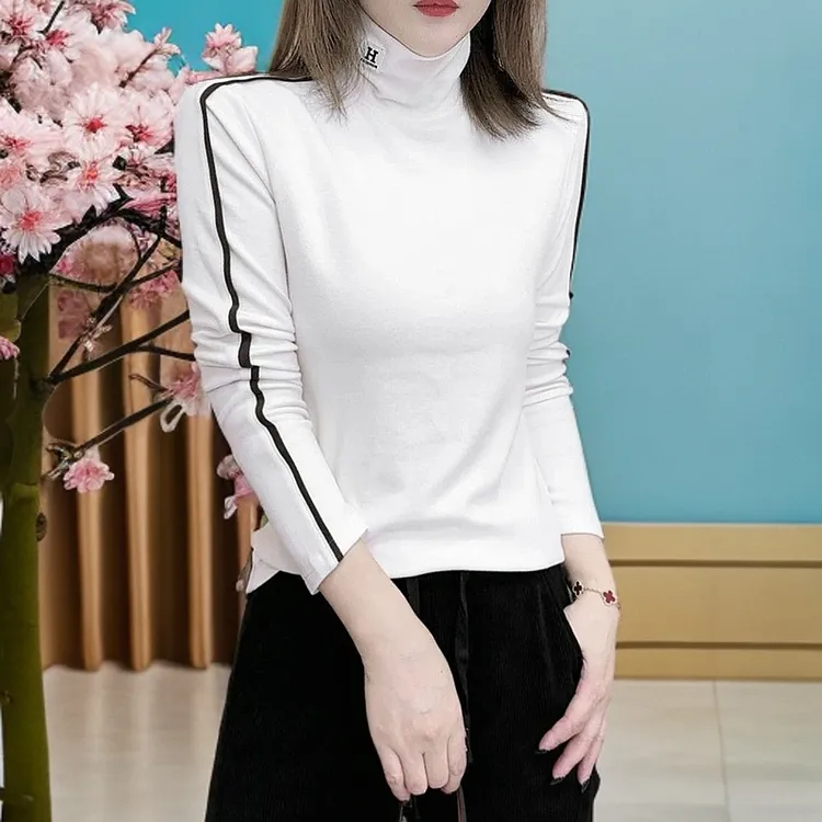 高领H标加绒加厚长袖打底衫时尚显瘦保暖上衣高领长袖半高领纯色