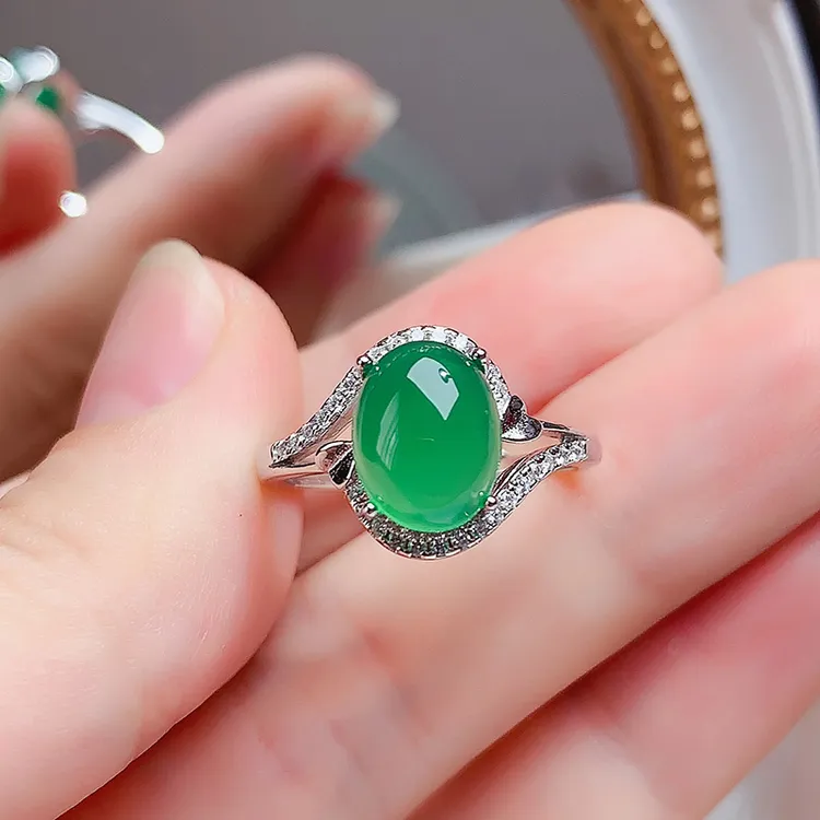 纯银镶嵌天然绿玉髓戒指开口女绿玛瑙指环时尚百搭精致银戒可调节