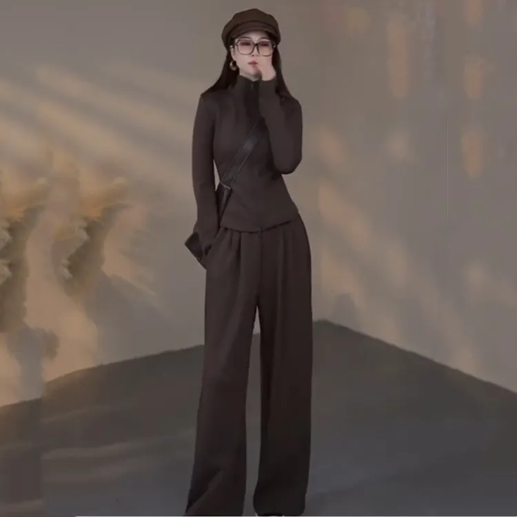 咖色休闲时尚套装女2024新款大方简约气质显瘦立领秋季穿搭一整套