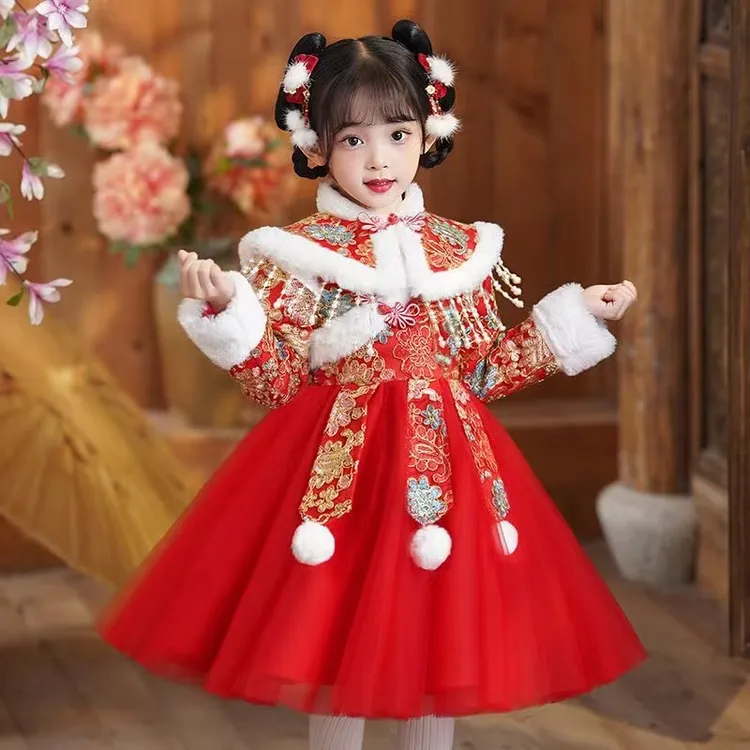 女童汉服秋冬装加绒中国风加厚拜年服女宝宝唐装儿童公主风裙子冬