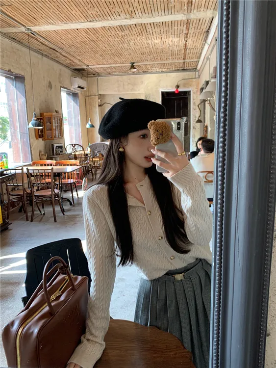 设计感辣妹气质针织开衫上衣女2024年秋冬新款显瘦格纹半裙两件套