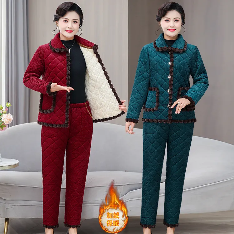 冬季新款女士棉衣套装中老年人冬款外穿棉袄两件套加绒加厚家居服