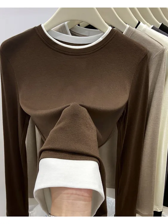 美拉德 设计感假两件长袖T恤女打底衫秋冬叠穿拼接撞色内搭上衣