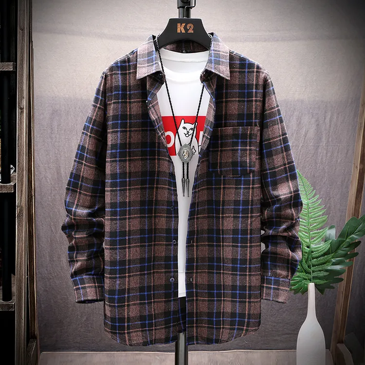 港风复古深色格子长袖打底衬衫男士青年百搭休闲春季通勤撞色外搭