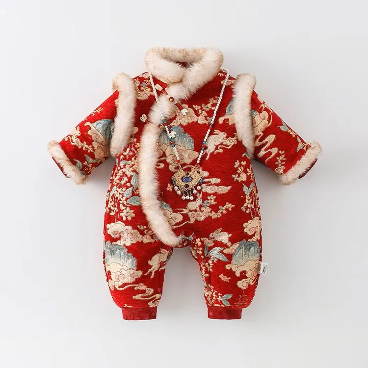 【前兔似锦】9728冬季婴儿拜年服连体衣加厚夹棉新生儿百天周岁礼服