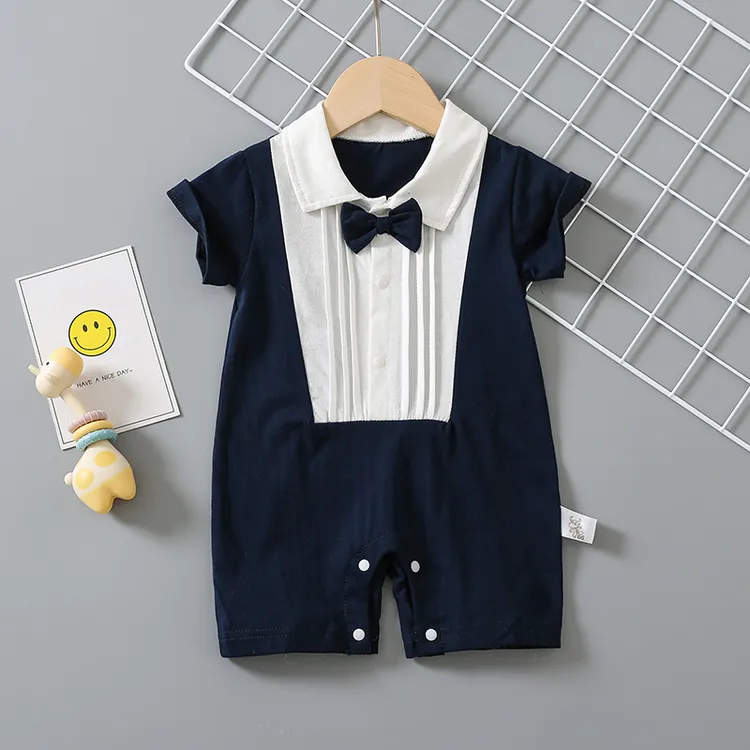 9474英伦风爬服夏季薄款短袖领结绅士宝宝连体哈衣婴儿夏装