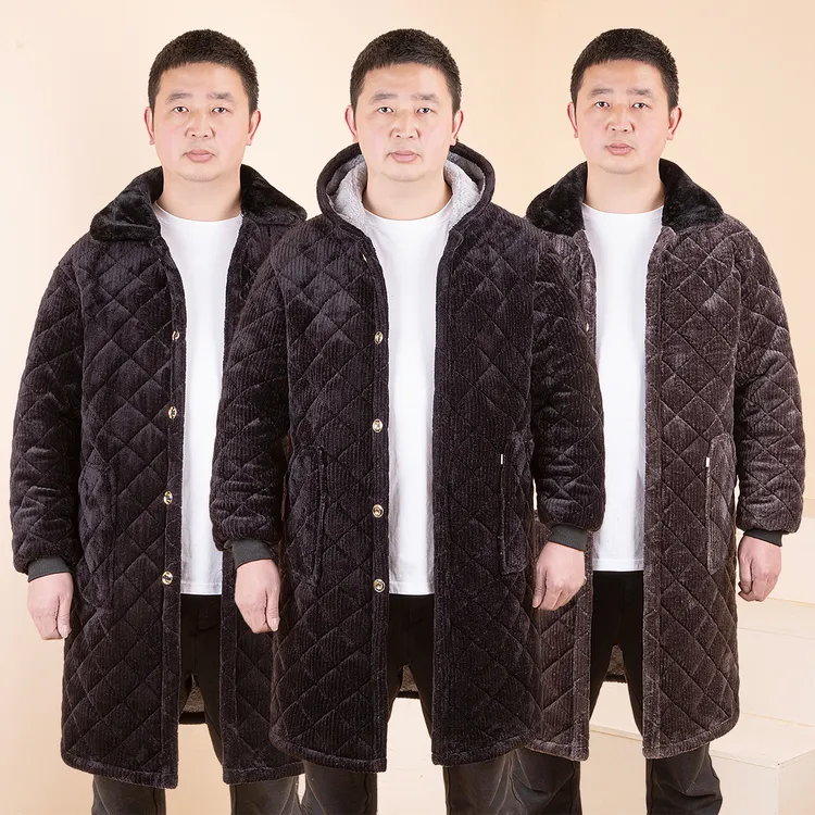 冬季新款男士加绒加厚棉衣罩衣四川省省服工作纯黑色居家服军大衣