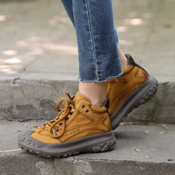 牛皮单鞋厚底包头登山鞋真皮女士运动皮鞋系带休闲秋季新款徒步鞋