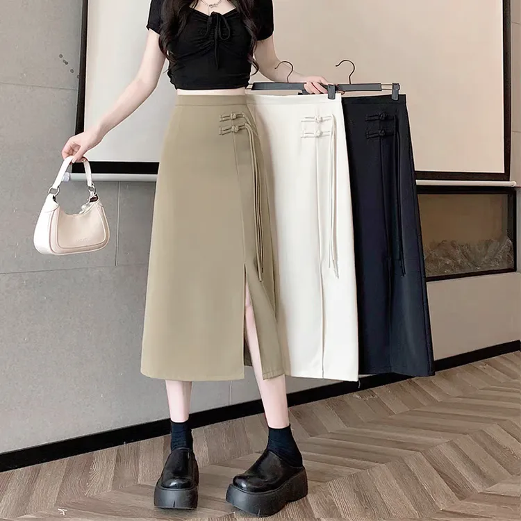 新中式开叉半身裙女夏季薄款国风盘扣高腰垂感百搭a字裙中长款